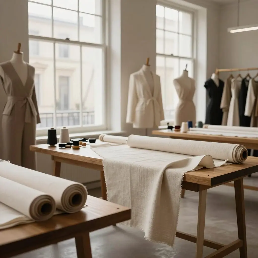 Atelier de couture artisanal lumineux avec tissus haut de gamme et ambiance élégante